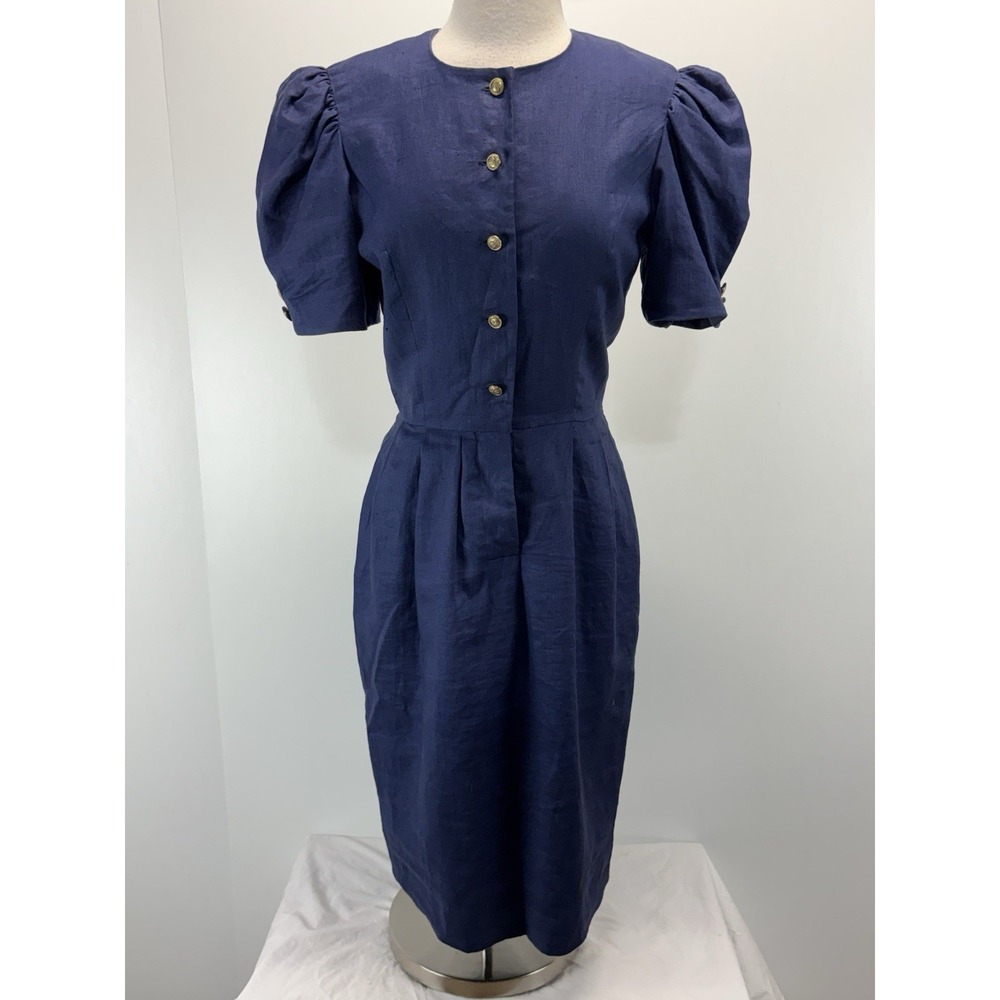 Vtg Lauren Alexandra 100% Linen Midi Dress Women's 10 Navy Puff Sleeve Lined